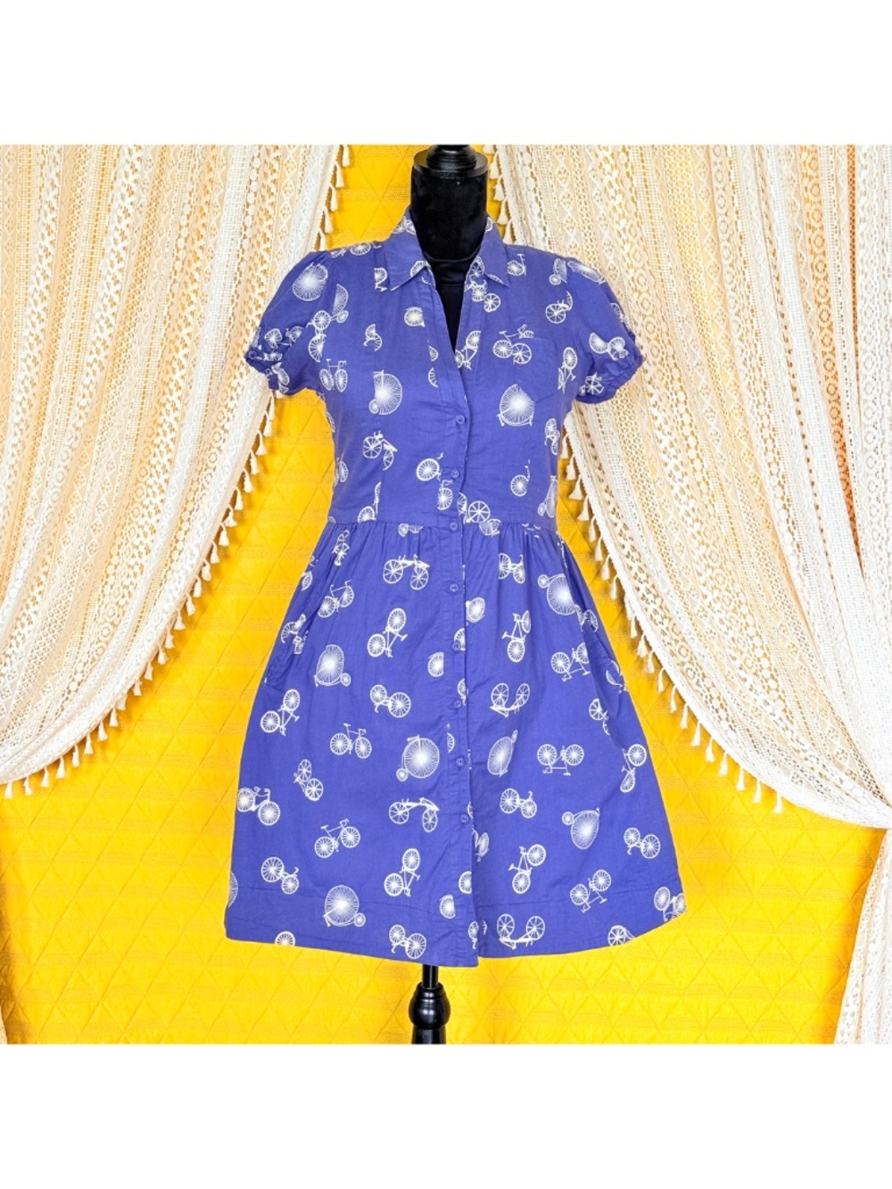 Porridge Cottagecore Twee Retro Blue Bicycle Print Cotton Day Dress Pockets Sz 6 - Picture 6 of 17